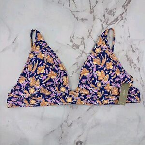 J Crew Swim Top 3X Blue Orange Floral Plunge Triangle Bikini Painted Block Print